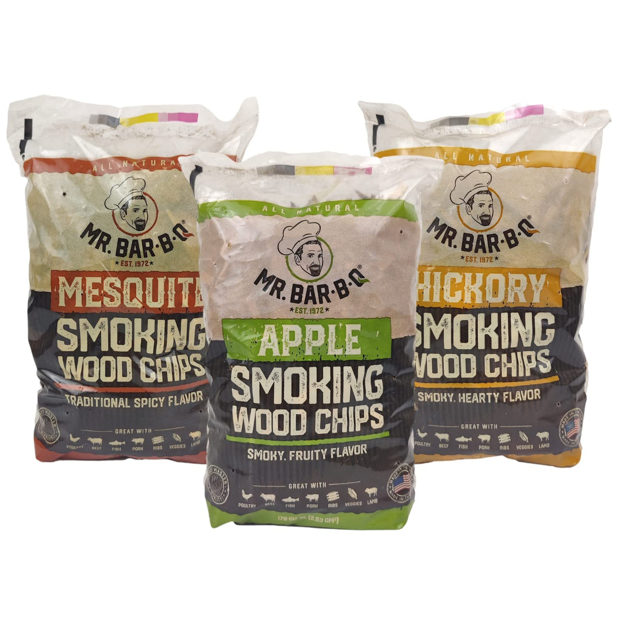 Wood Smoker Chips Bundle of 3 Flavors - Apple, Mesquite & Hickory Wood Chip for Smokers, Can be Use on Gas, Charcoal Grill, Smoke Wood Chips for Grilling, BBQ & Camping by Mr. Bar-B-Q(3 x 1.6 Lb Bags) Mr. Bar-B-Q