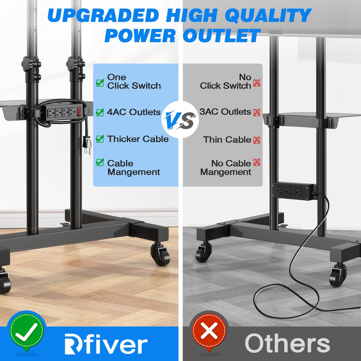 Rfiver Upgraded Rolling TV Stand with Power Outlet for 32-83 Inch TVs, Heavy Duty Mobile TV Cart on Wheel up to 110 lbs, Height Adjustable Portable TV Stand with Shelf for Bedroom, Living Room, Office Rfiver