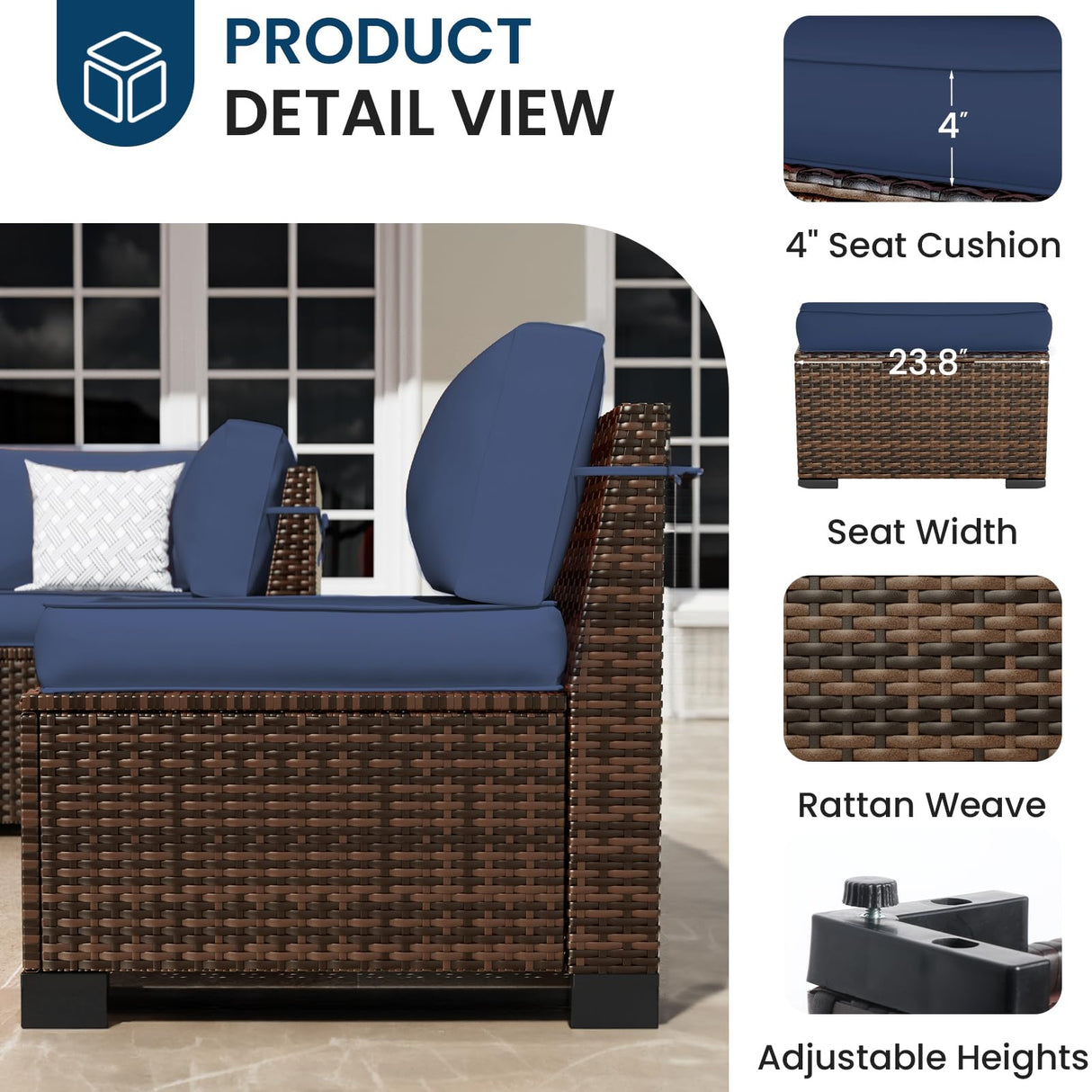 Amopatio 8 Pieces Patio Furniture Set with 44" Fire Pit Table, Outdoor Sectional Furniture Rattan Conversation Sofa, Patio Couch with Glass Coffee Table, 2 Waterproof Covers (Navy Blue) Amopatio