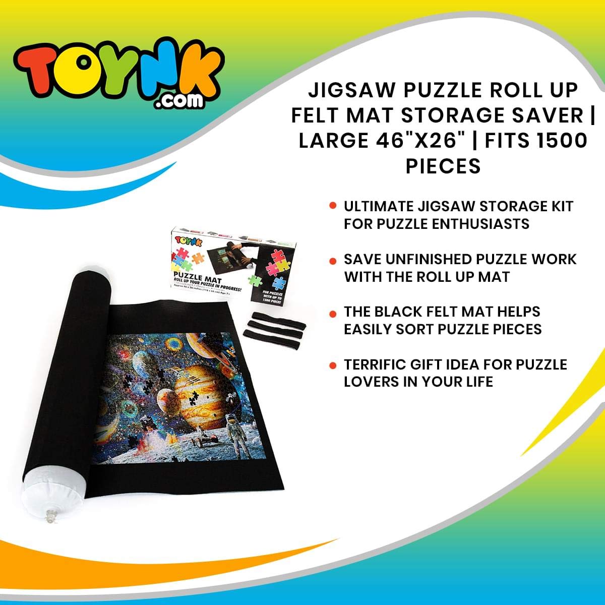 Jigsaw Puzzle Roll Up Mat Storage Saver - Sort, Store & Transport Puzzles Up to 1500 Pieces - Large 46"x26" Felt Mat Travel Organizer with Inflatable Tube & 3 Elastic Fasteners or Straps Accessories Toynk