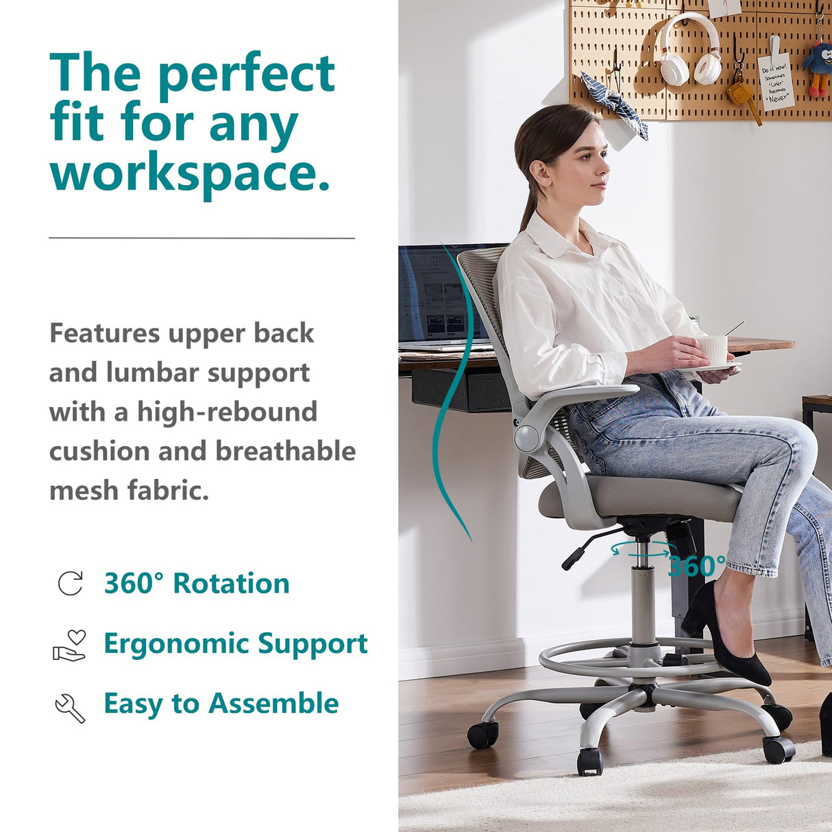 SMUG Drafting Chair, Tall Office Chair Tall Standing Desk Chair Counter Height Adjustable Office Chair with Flip-up Arms, Mid Back Mesh Office Drafting Chair, Grey SMUG