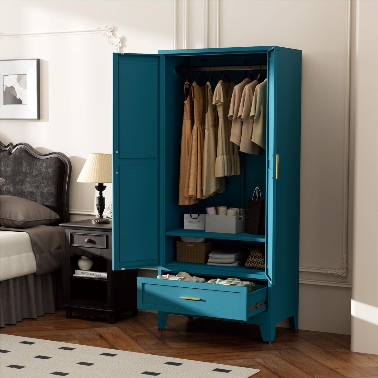 Blue Metal Wardrobe Cabinet for Bedroom, 71" Tall Freestanding Closet System with Drawer and Shelf, Hanging Rod Clothing Organizer with Two Doors, Farmhouse Steel Wardrobe Bedroom Armoires Bevivog