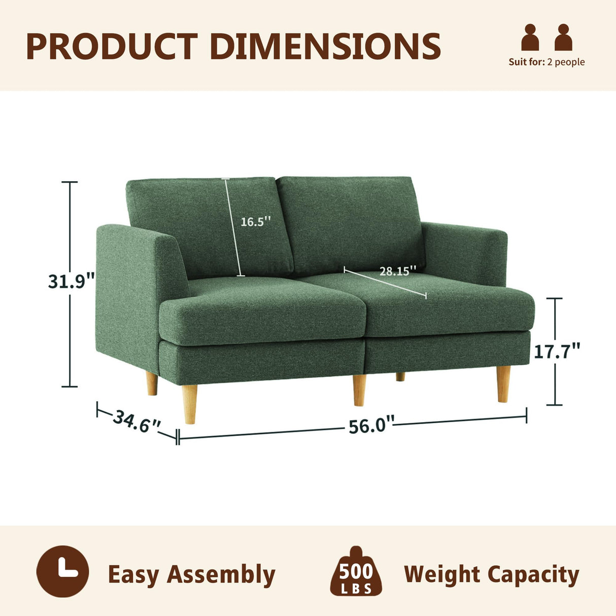 Busaurus Loveseat Sofa 56" Mid Century Modern Small Couches for Small Spaces Love Seat with 2-Seat Upholstered Cushion Sofa Couches for Bedroom, Living Room, Apartment, Office (Green) Busaurus