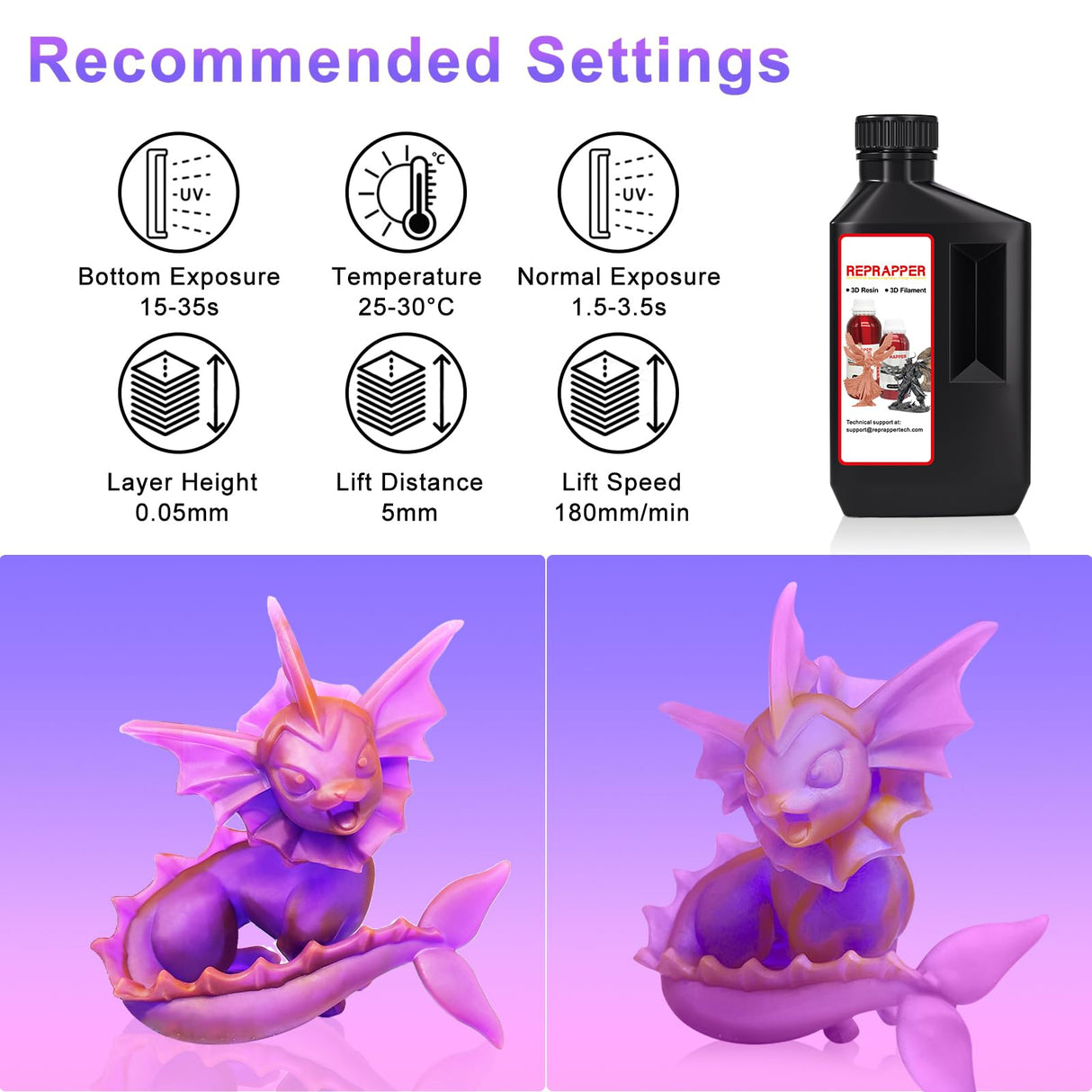 RepRapper Dual Color Water Washable 3D Printer Resin, 405nm Fast UV-Curing Color Change 1kg 3D Printing Resin Photopolymer Sensitive Resin for LCD Printer, Blueish Purple, 1000g RepRapper