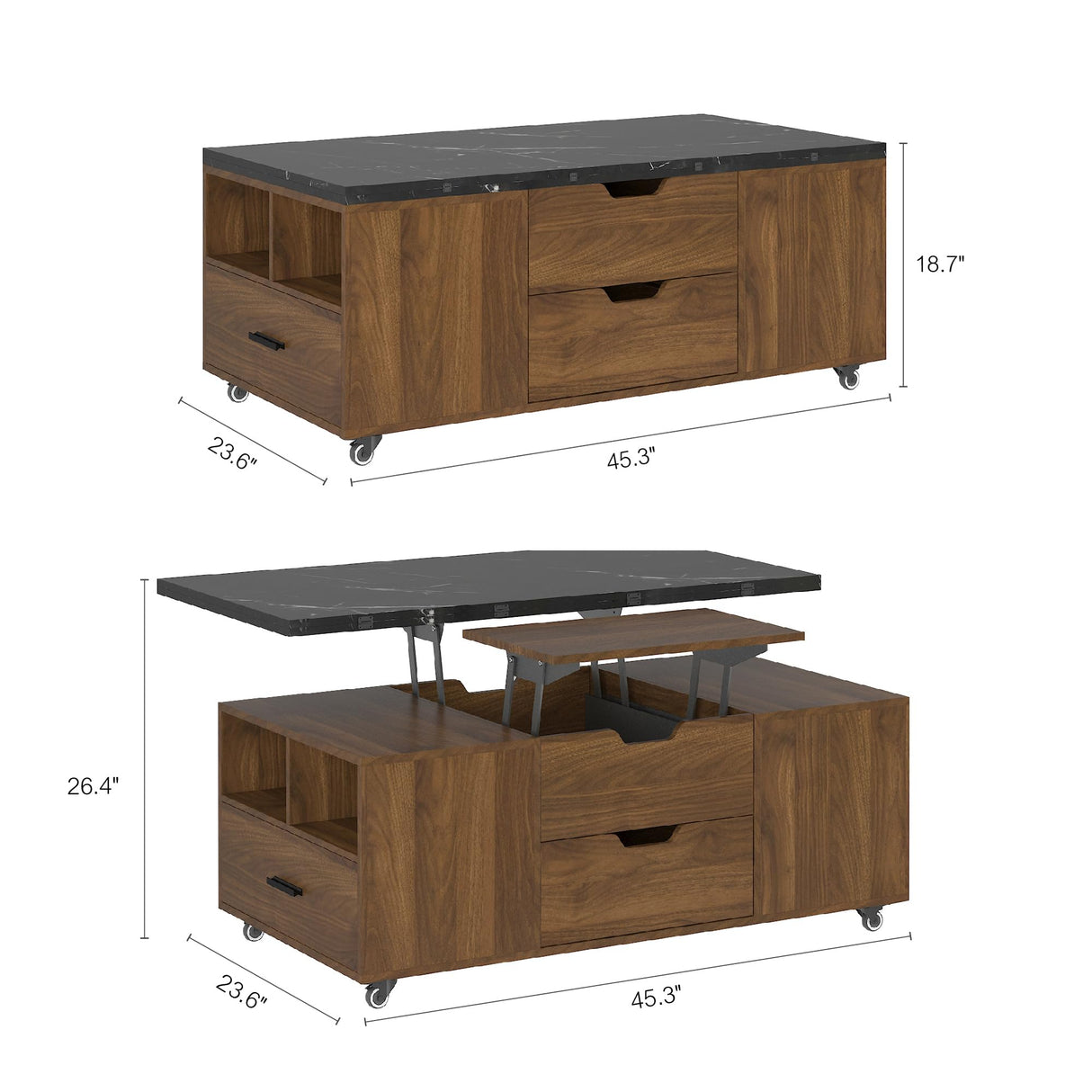 TRJQBCC 45" Lift Top Coffee Table, Modern Coffee Table with 2 Stools Set, Space Saving Center Table Folding Dining Table with 2 Drawers & Expandable Hidden Storage for Living Room, Office (Wood) TRJQBCC
