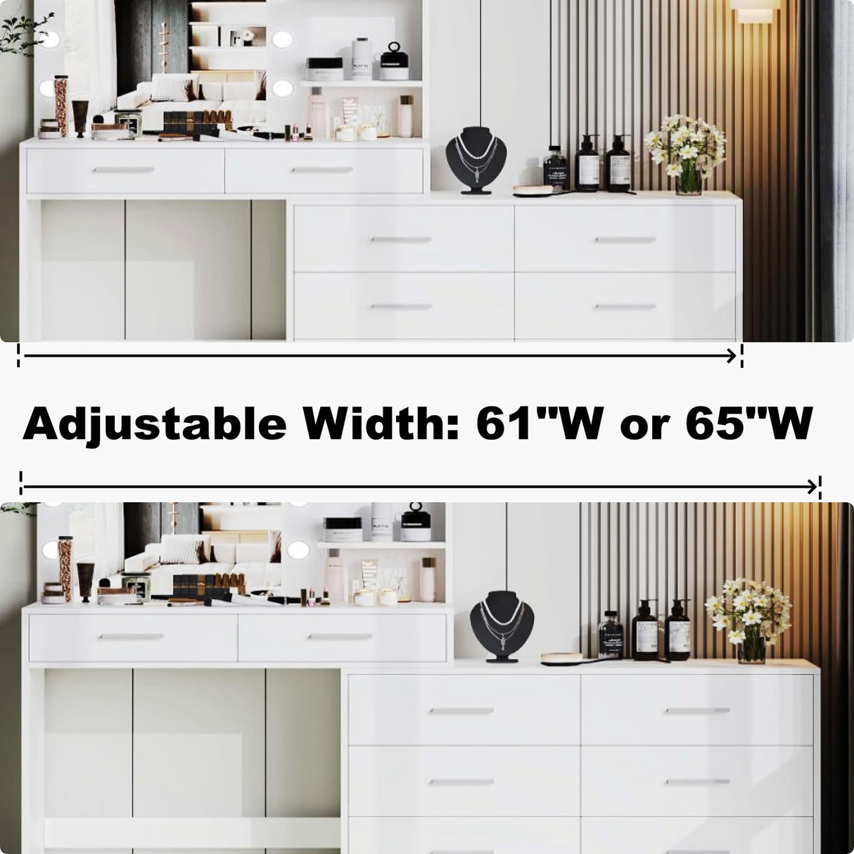 Rovaurx 65" Vanity Desk with Lighted Mirror and Lights, 8 Drawers Makeup Vanity Table with Storage Shelf, Modern Vanity with Mirror, Dressing Table for Bedroom, Adjustable Width, White RSZT109W Rovaurx