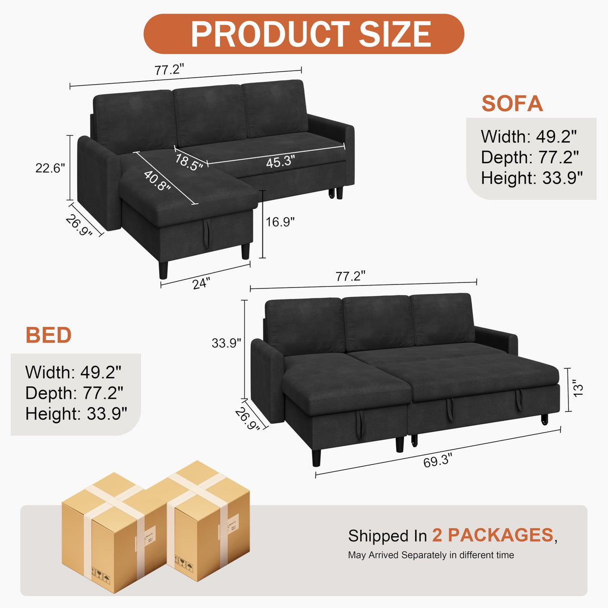 Vongrasig Pull Out Couch, Convertible Sleeper Sofa Bed with Storage, L-Shaped Sofa Bed with Storage Chaise Linen Fabric for Living Room, Apartment, Small Space, Black Vongrasig