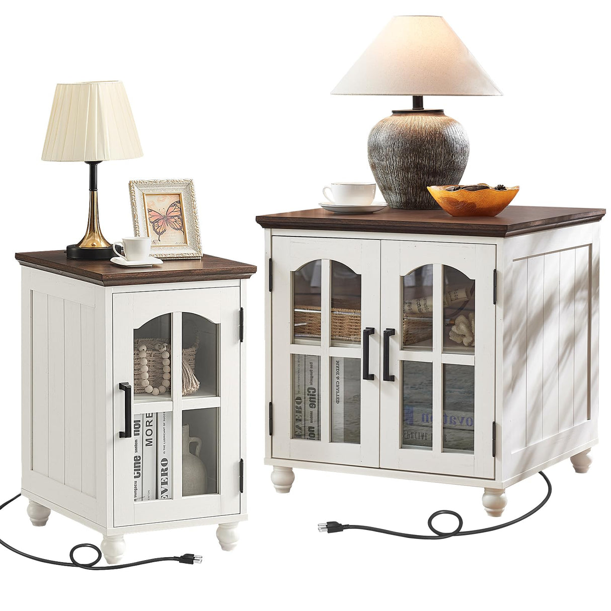 RWYHG Farmhouse End Table Set of 2 with Charging Station, 18'' Narrow Side Table and 24" Large Sofa Side Table with Glass Barn Door Storage, Wood Night Stand Bedside Table for Living Room,Bedroom RWYHG