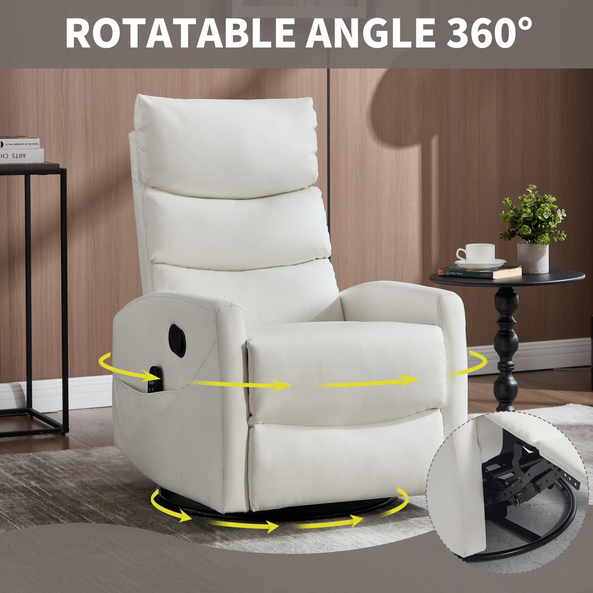 Manual Swivel Rocker Recliner Chair for Adults, Overstuffed Reclining Glider Chair for Nursing with Vibration Massage & Heat, Living Room Rocking Recliner 3-Stage backrest, Faux Leather White EZZUP