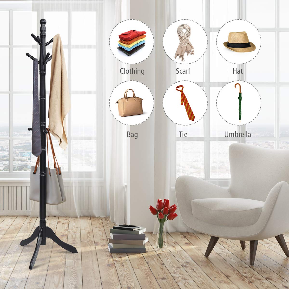 Tangkula Wood Coat Rack Freestanding, Entryway Height Adjustable Coat Stand with 9 Hooks & Stable Tri-Legged Base, Rubber Wood Coat Tree Hall Tree Coat Hanger Stand for Home Office Hall Entryway Tangkula