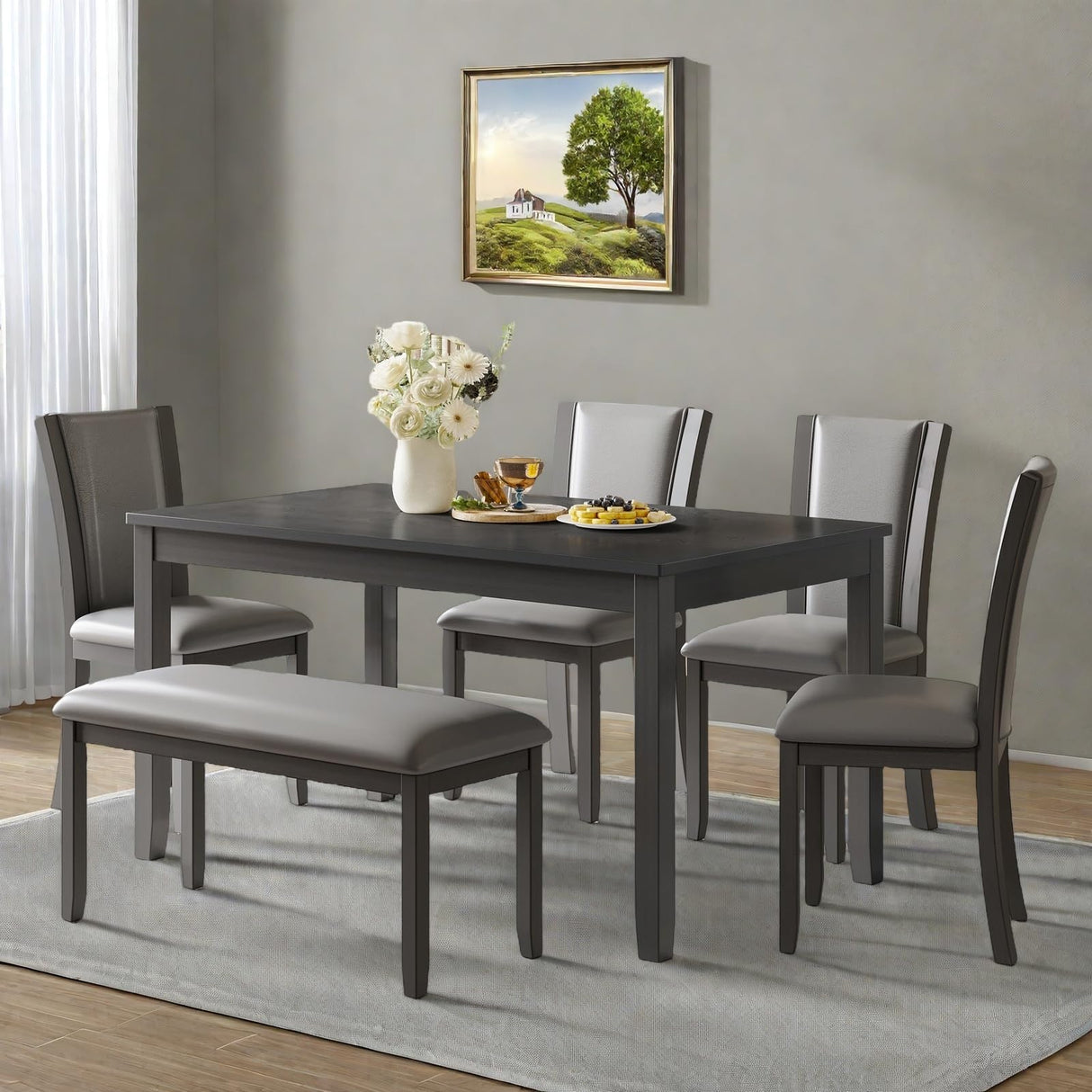 Trygoal Dining Table Set for 6, Farmhouse 6 Piece Dining Room Table Set with Rectangular Table, 4 Upholstered Backrest Chairs and Bench, Counter Height Kitchen Sets with Warm Woodgrain Finish, Gray Trygoal