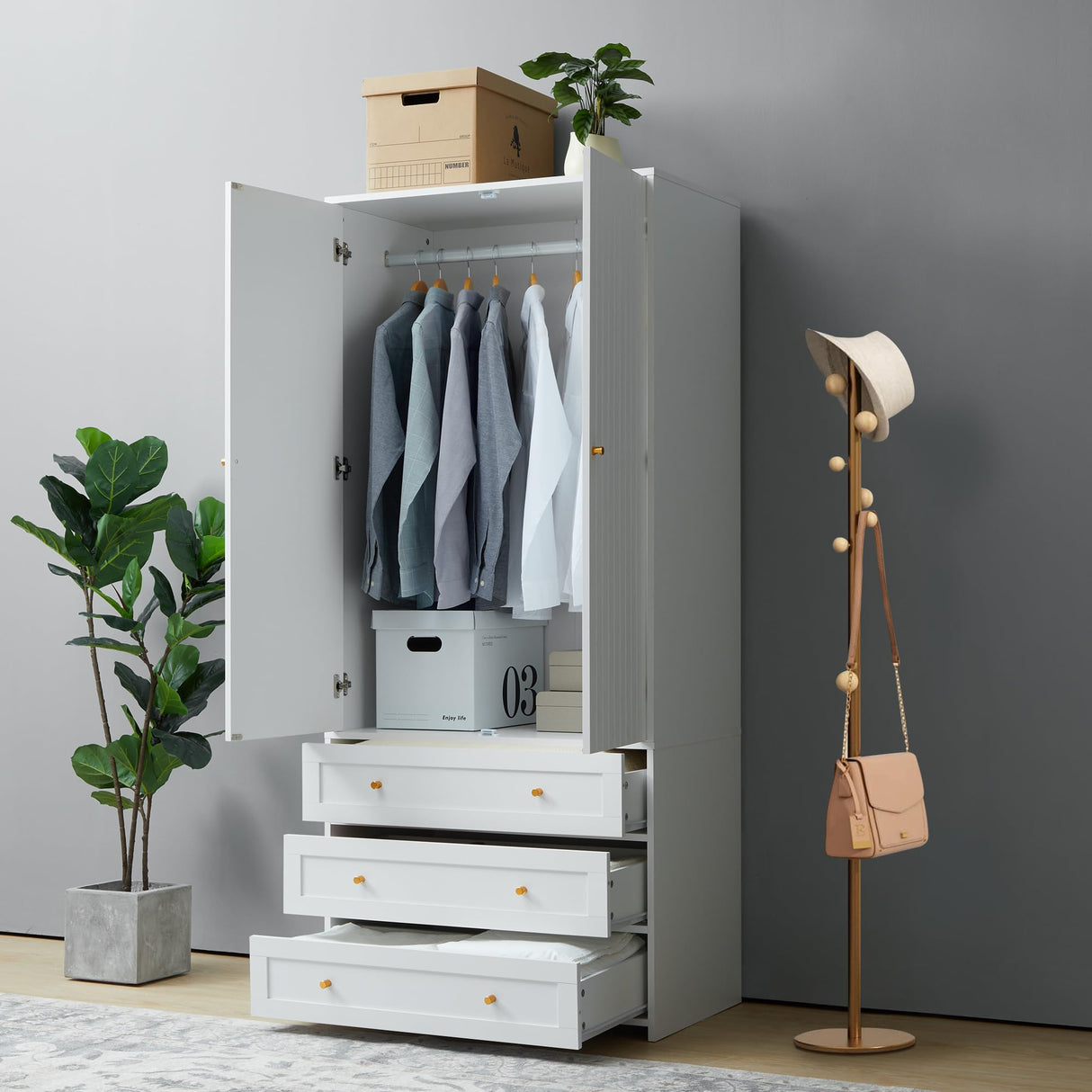 LEVNARY Wardrobe Armoire Closet, 2-Door Wardrobe Cabinet with 3-Drawer and Hanging Rod, Modern Bedroom Armoire Clothing Organizer Freestanding Closet (White) LEVNARY