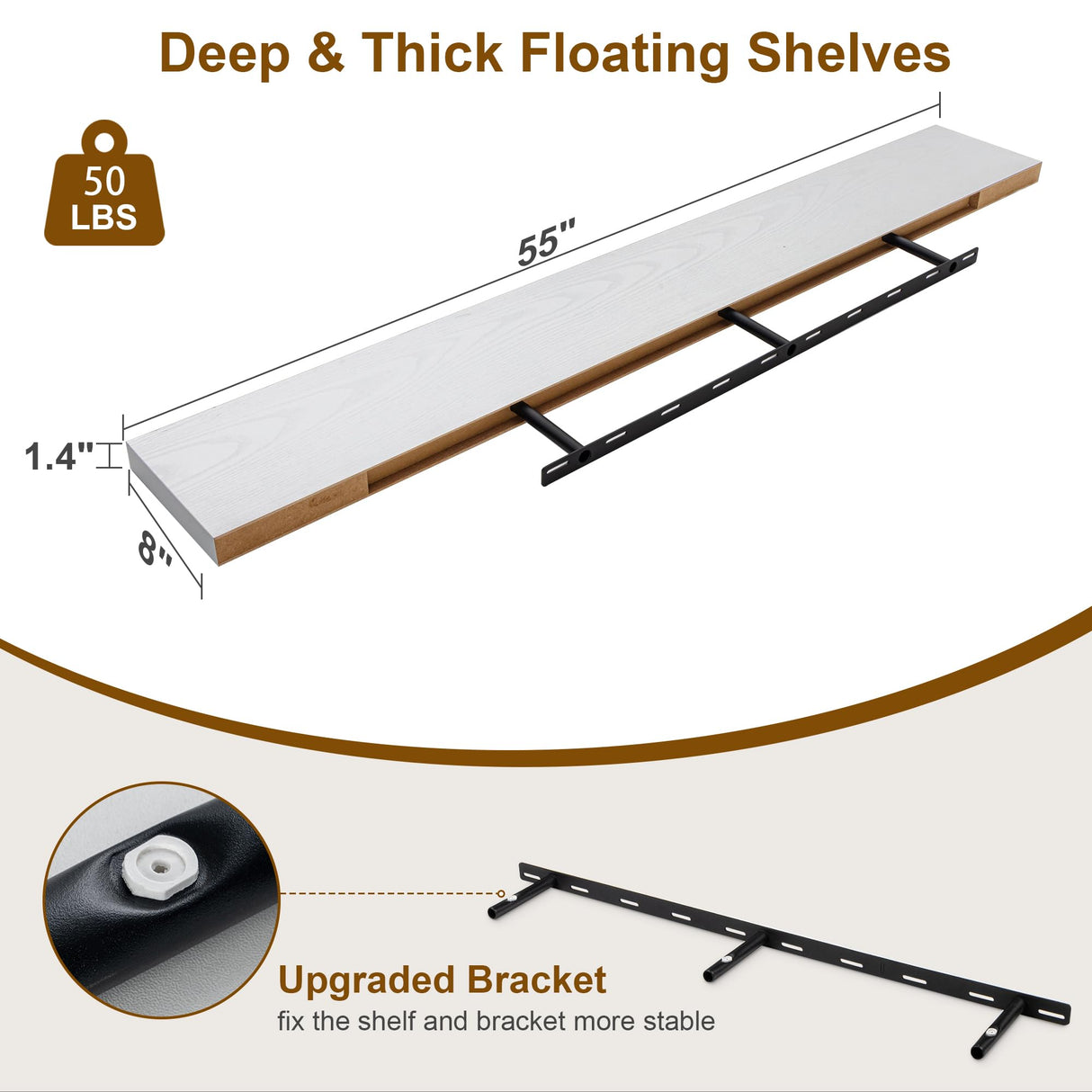 55 Inch Floating Shelf - Rustic Wood Shelves for Wall - 8 Inch Deep Floating Shelves - 55 Inch Fireplace Mantel Shelf - Wall Mounted Wooden Display Shelf- White - Set of 1 Fun Memories