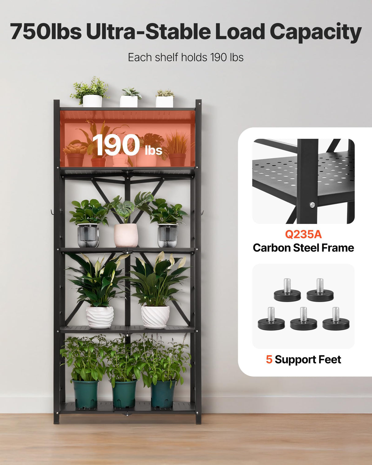 VEVOR 5-Tier Foldable Storage Shelf, 28W x 15D x 64H Inch Folding Metal Rack Shelving Unit, No Assembly Organizer Shelf with 5 Wheels & 4 Hooks for Pantry, Kitchen, Garage, Basement, Black VEVOR