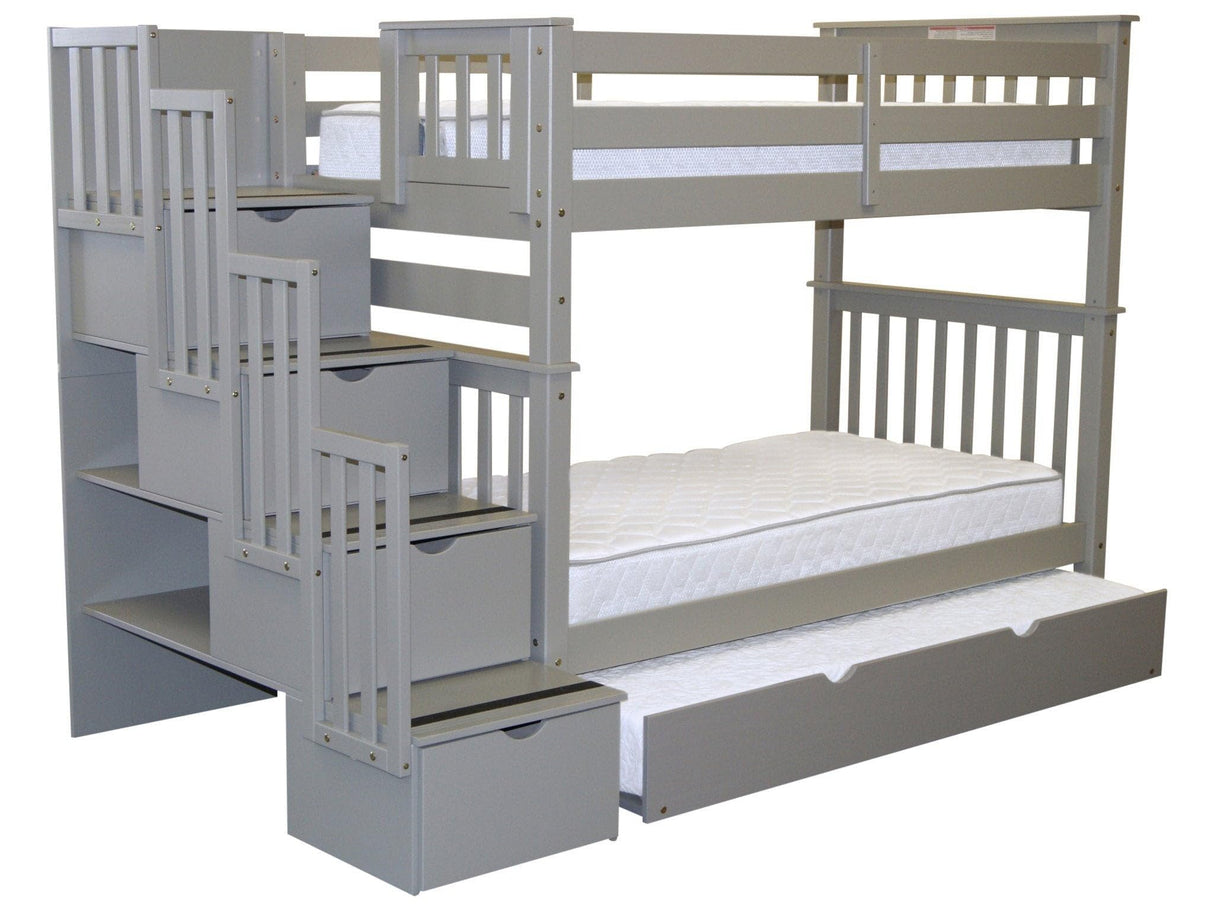 Bedz King Tall Stairway Bunk Beds Twin over Twin with 4 Drawers in the Steps and a Twin Trundle, Gray Bedz King