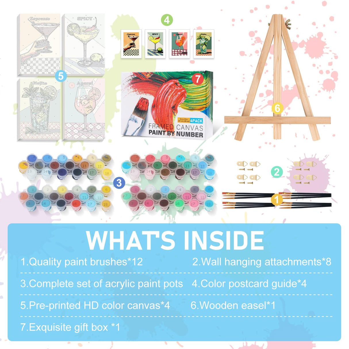 4 Pack Framed Paint by Numbers Kit for Adults with Wooden Easel, Retro Cocktail Easy Paint by Numbers with Frame for Beginners, Adult Paint by Number Kits Framed Canvas for Home Decor Gift 8x12 Inch Offito