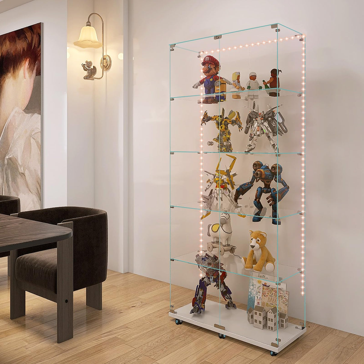 Fetuero Glass Display Cabinet,5 Shelves Double Door LED Lights Curio Cabinet for Collection with Wheels, 74.8" High Glass Display Case for Living Room Bedroom Playroom Office,White Fetuero