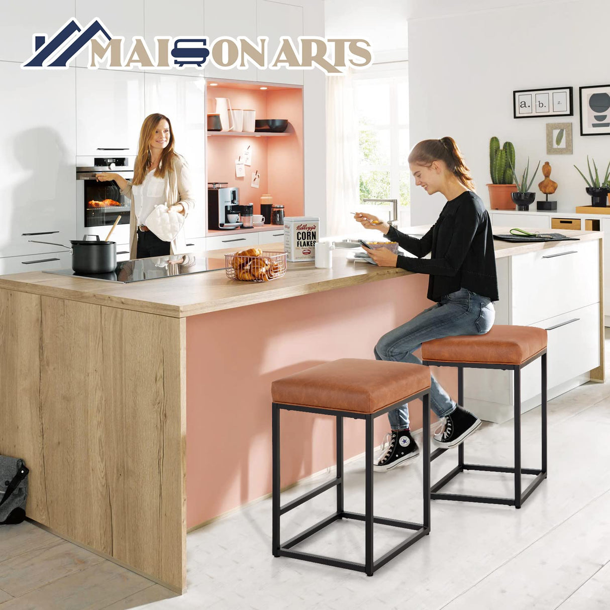 MAISON ARTS Counter Height Bar Stools Set of 3 for Kitchen Counter 24 Inch Backless Modern Barstools Industrial Upholstered Faux Leather Stools Farmhouse Island Chairs, Brown MAISON ARTS