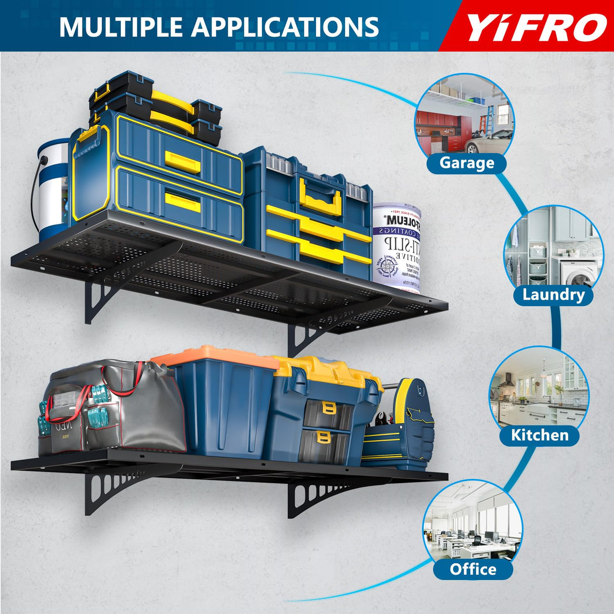 YIFRO 2-Pack 1.5x4ft Heavy Duty Garage Wall Shelving, 500 lbs Load Capacity, Garage Shelving Wall Mounted, Garage Storage Rack with Hooks, Black YIFRO