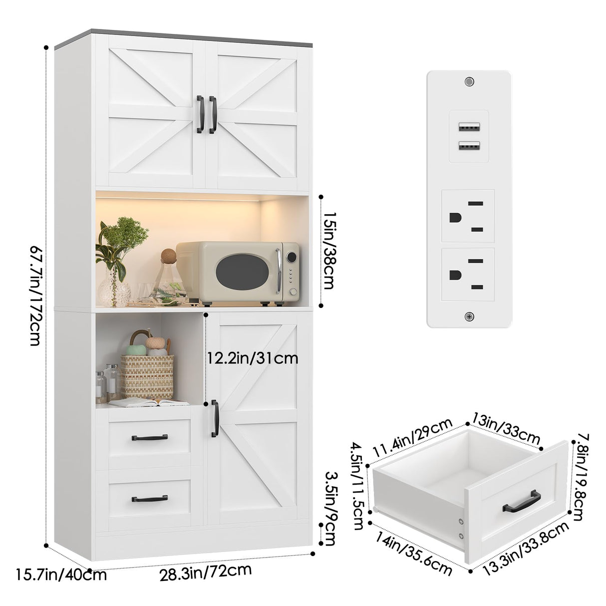 HAUXITIO Kitchen Pantry Storage Cabinet - with LED Lights and Power Strip, 68" Tall Food Pantry Hutch Organizer with Countertop, 2 Drawers, 3 Doors, Adjustable Shelves for Dining Living Room, White HAUXITIO