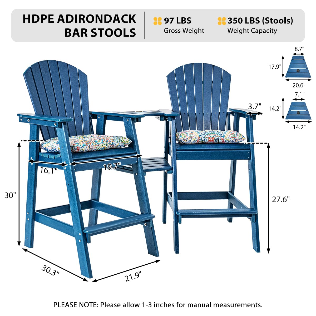 Sundale Outdoor Tall Adirondack Bar Set, Patio Umbrella Table and Bar Chairs Set of 2, 3 Pieces Counter Height Dining Bistro Set, Pub Table with HDPE Stools, 2 Umbrella Hole Caps, Navy Blue Sundale Outdoor