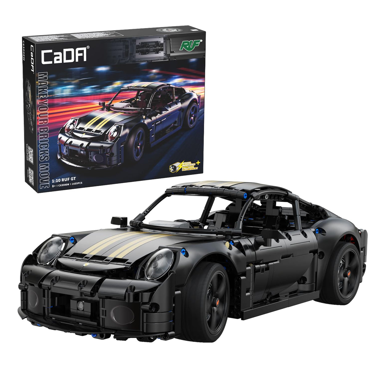 CaDA C63006W 1:10 Scale RUF GT RC Car Kit - DIY Assembly Building Blocks Set and STEM Educational Toy for Kids & Adults (8+ Years) CaDA