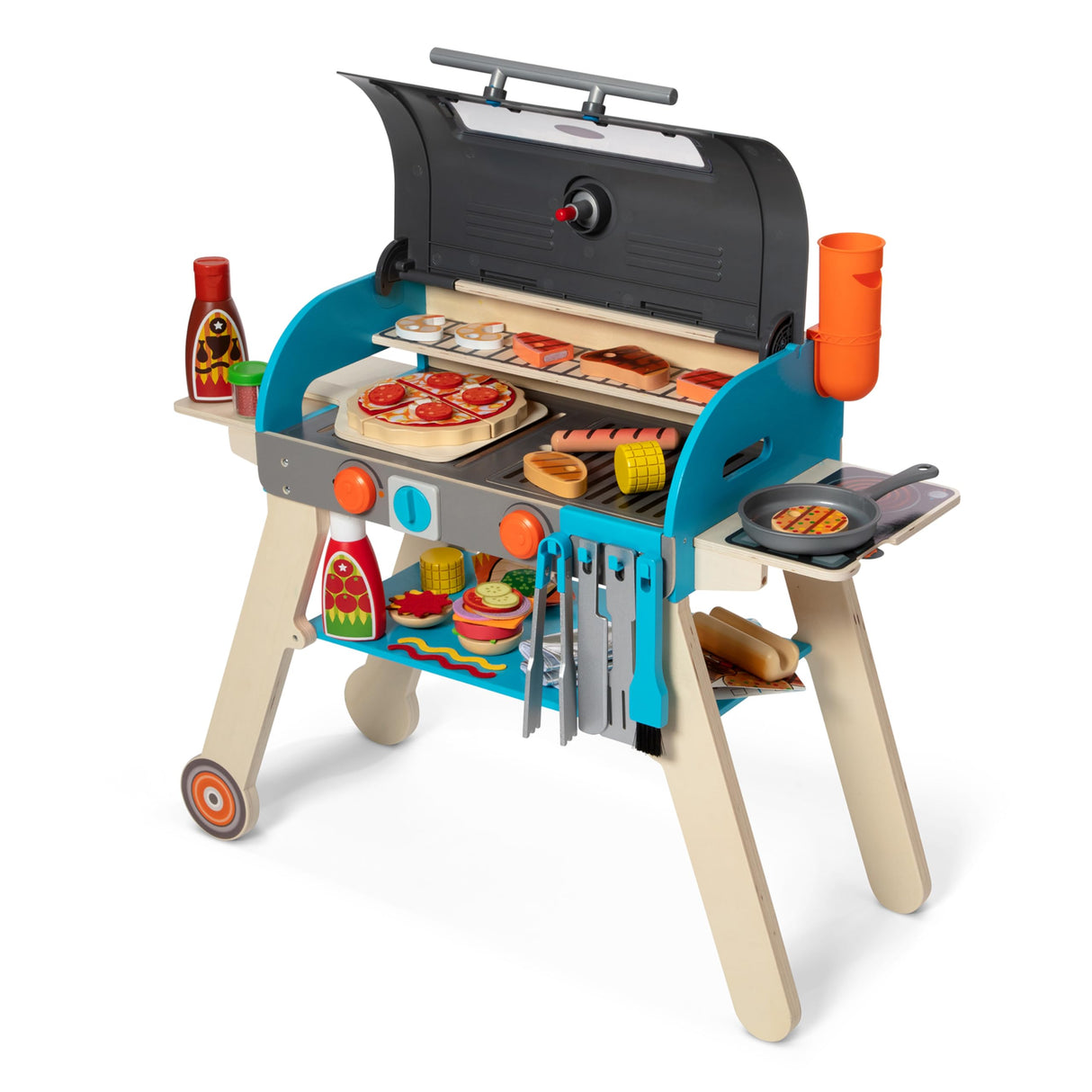 Melissa & Doug Wooden Deluxe Barbecue Grill, Smoker and Pizza Oven Play Food Toy for Pretend Play Cooking for Kids - FSC Certified Melissa & Doug