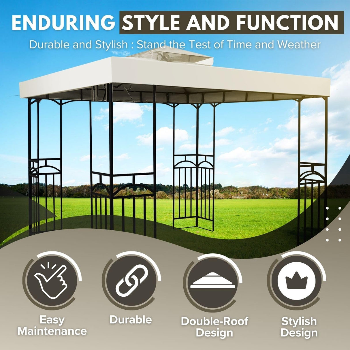 Flexzion 8'x8' Gazebo Top Canopy Replacement Cover (Ivory) - Dual Tier with Plain Edge Polyester UV30 Protection Water Resistant for Outdoor Garden Patio Lawn Sun Shade Flexzion