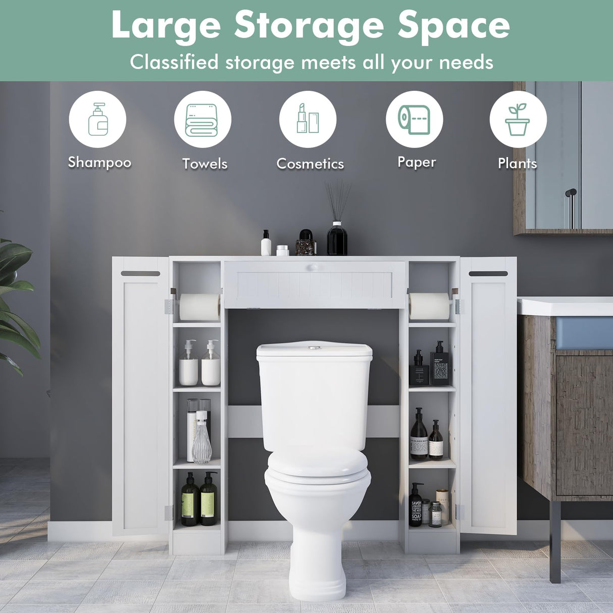 Tangkula Over The Toilet Storage Cabinet, Bathroom Space Saver w/Adjustable Shelves & Paper Holder, Freestanding above Toilet Organizer w/ 2 Side & Pull-Down Door for Bathroom Storage (White) Tangkula