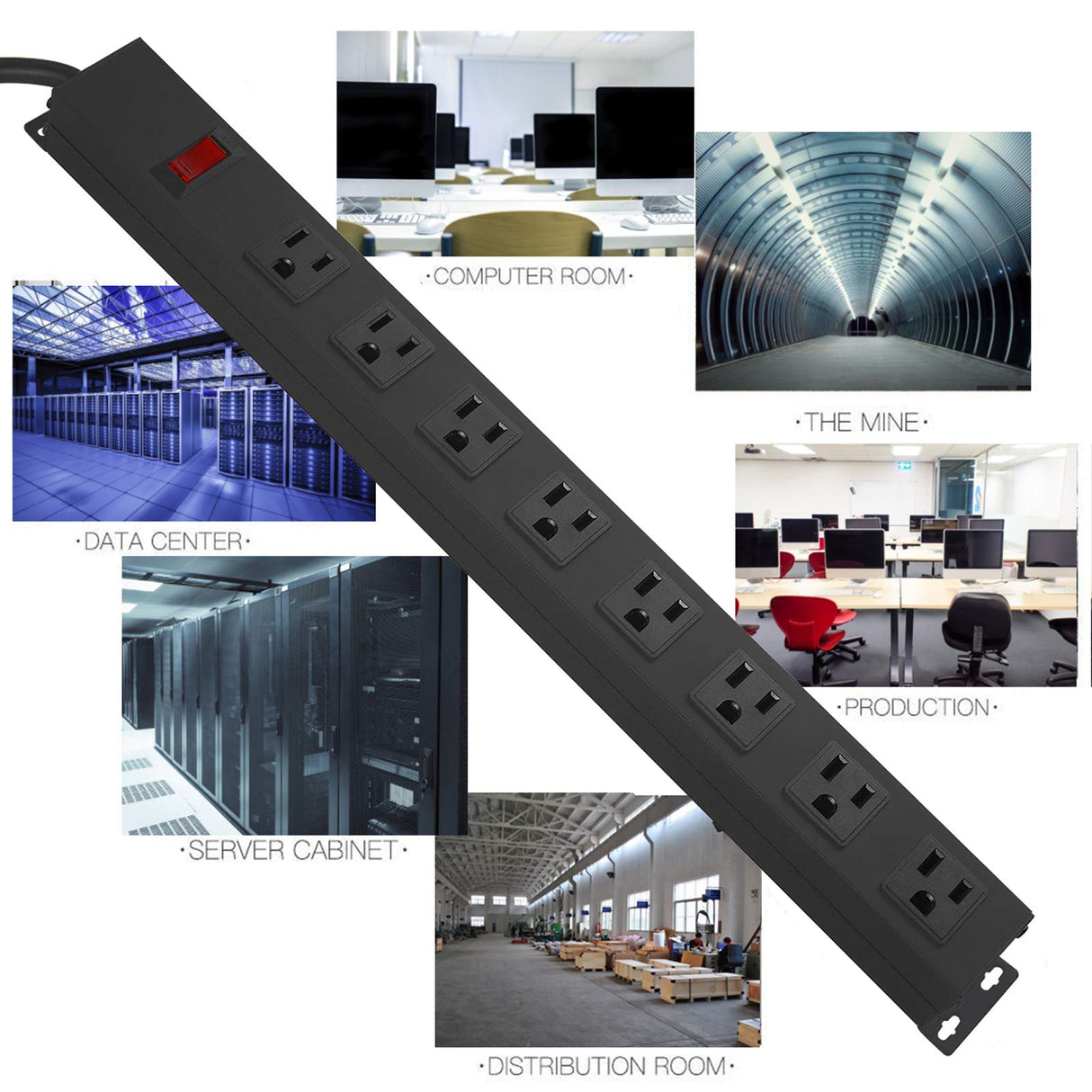 HHSOET Metal 8 Outlet Mountable Power Strip, Wall Mount Outlet Power Strip Heavy Duty, Wide Spaced Commercial Shop Power Strip with Switch, 15A 125V 1875W, 6 FT SJT 14AWG Power Cord.(Black) HHSOET