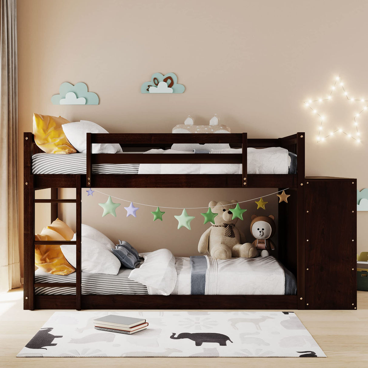 Twin Over Twin Bunk Beds with Storage, Wooden Twin Floor Bunk Beds with 4 Drawers and 3 Shelves, Low Bunk Bed Frame, Twin Loft Bed for Kids, Girls Boys, Teens, Adults (Espresso) Harper & Bright Designs