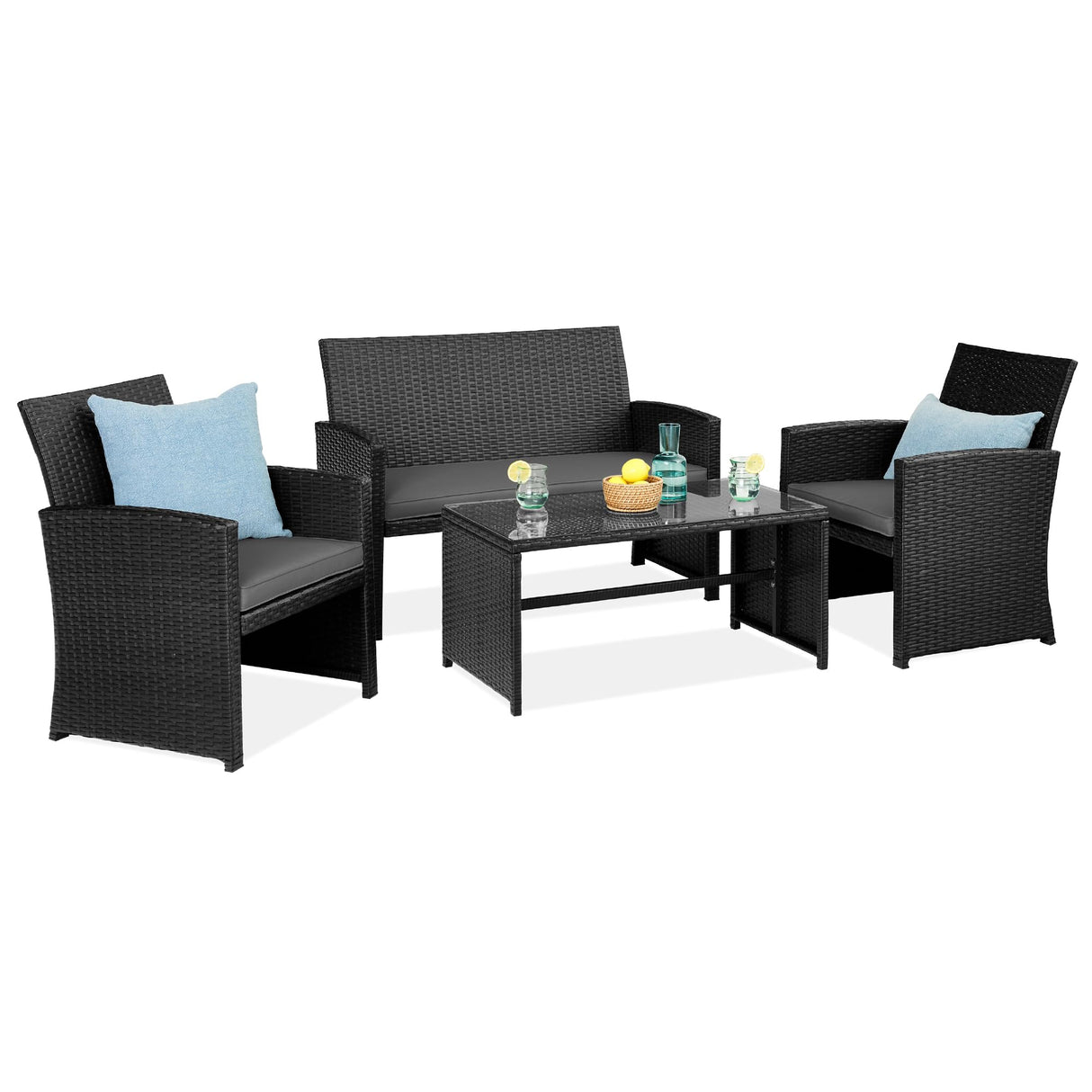 Best Choice Products 4-Piece Outdoor Wicker Patio Conversation Furniture Set for Backyard w/Coffee Table, Seat Cushions - Black/Gray Best Choice Products