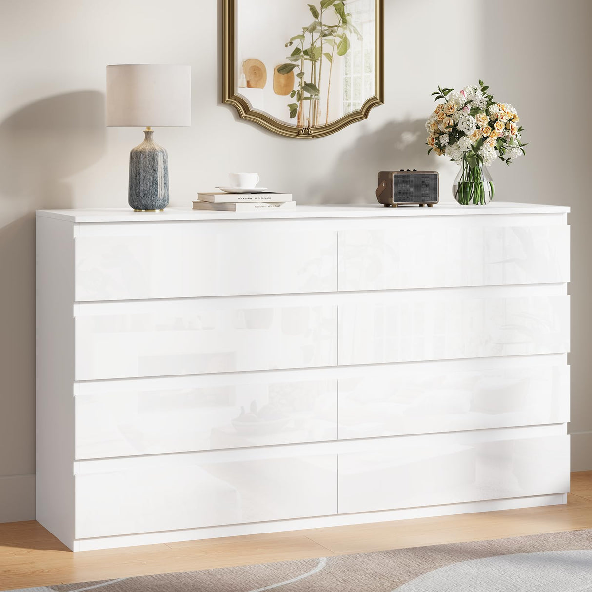 OtterOasis White 8 Drawer Dresser, Wood Dresser for Bedroom with Wide Drawers, 55" W x15.4 Dx32.3 H Modern Dressers, Wood Chest Drawers for Entryway|TV Stand|Clothes Storage OtterOasis