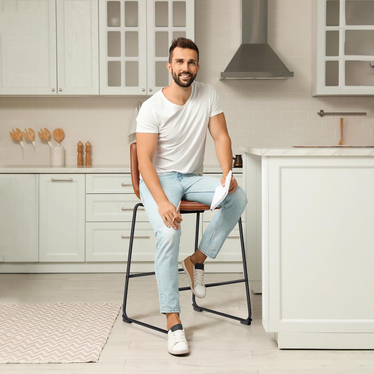 DUMOS 26 Inch Counter Height Bar Stools Set of 4, Modern Faux Leather High Barstools with Back and Metal Leg, Bar Chairs for Kitchen lsland, Brown DUMOS