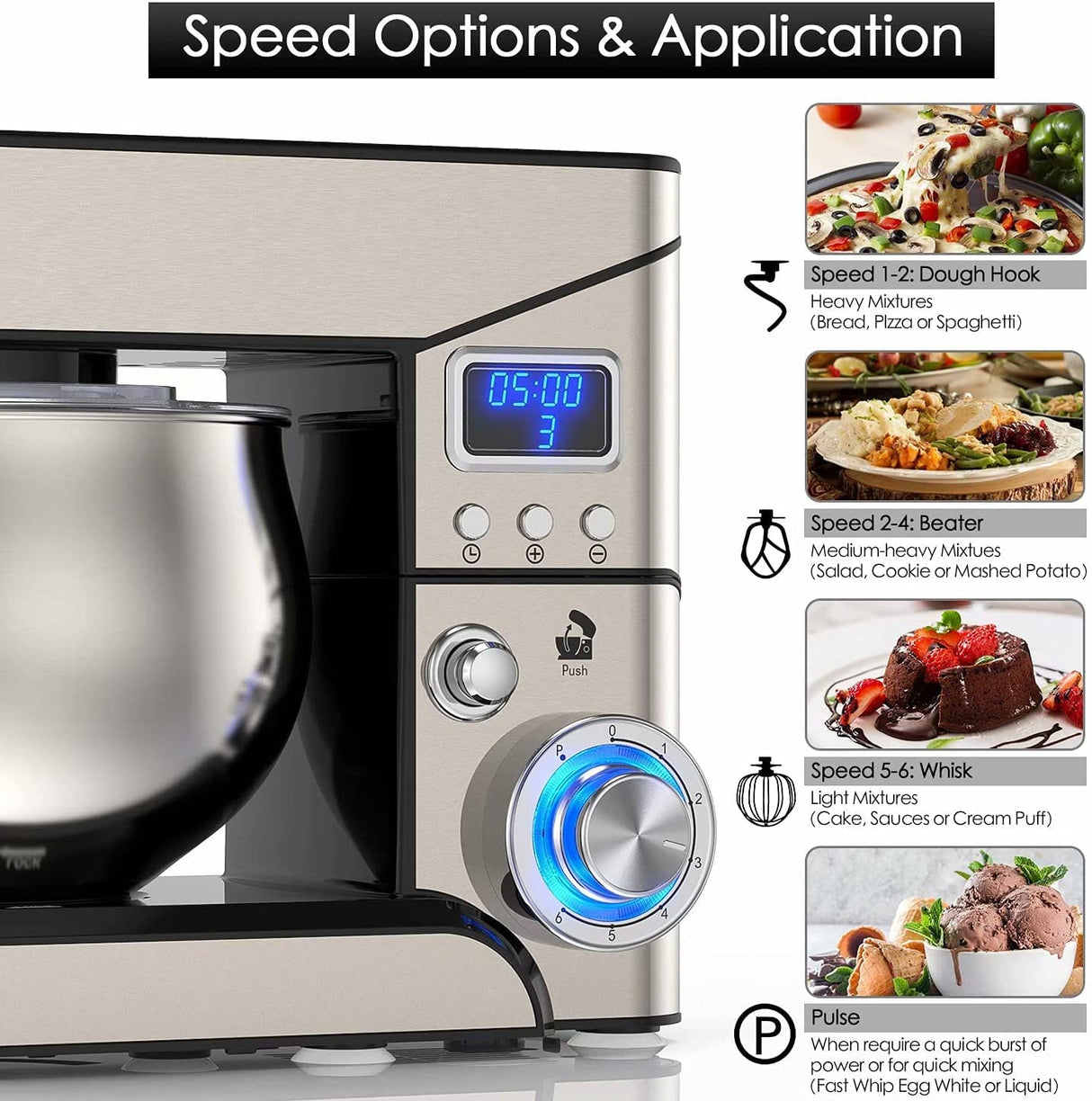 Stand Mixer, Stainless Steel Mixer 5.3-QT LCD Display Food Mixer, 6+P Speed itchen Electric Mixer Tilt-Head Mixer with Stainless Steel Bowl, Dough Hook, Beater, Whisk LILPARTNER