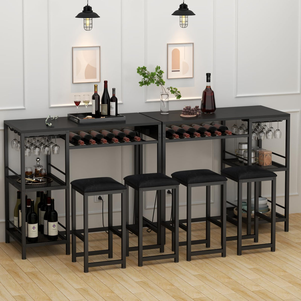 Gyfimoie Bar Table and Chairs Set with Power Outlet, Pub Table and Chairs Set for 2 with 2 Storage Shelves, 3 Piece Table Set with Wine Rack&Glass Holder for Living Room,Dining Room,Small Apt (Black) Gyfimoie