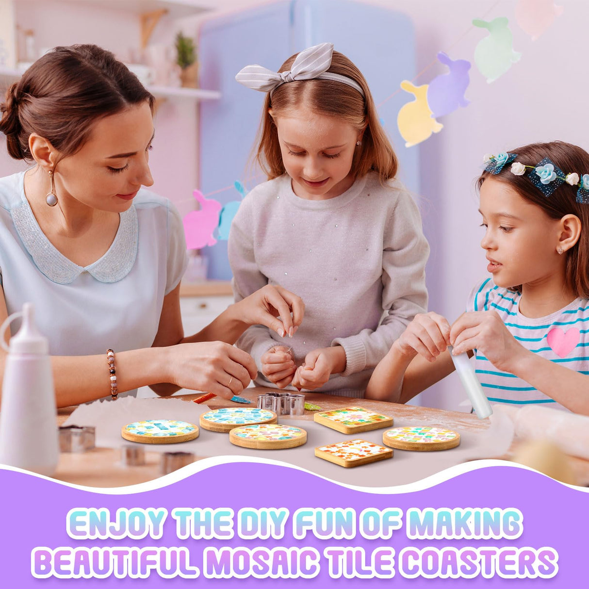 Reallnaive DIY Glass Mosaic Tiles for Crafts, Mixed Color Mosaic Kits with Wooden Coaster Adults DIY Kit for Coaster Handmade Home Gifts(Rainbow Style,8 Sets) Reallnaive