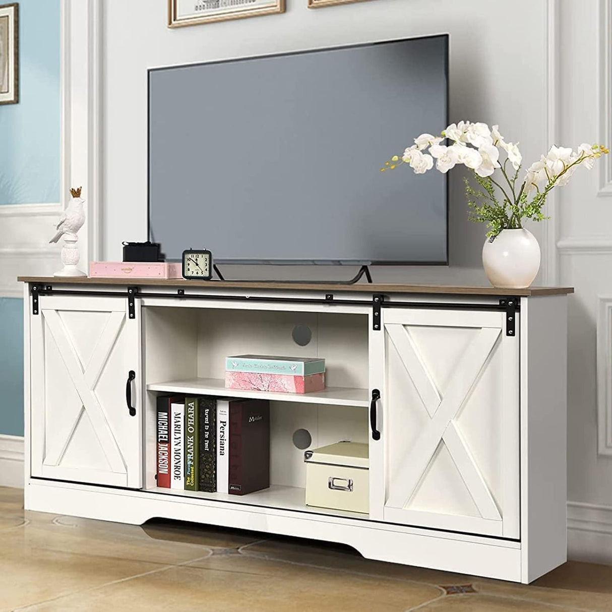 4 EVER WINNER White TV Stand for 65 inch TV for Living Room, Modern Farmhouse Barn Door TV Stand with Storage Cabinets and Adjustable Shelves for Bedroom, Media Entertainment Center TV Console Table 4 EVER WINNER