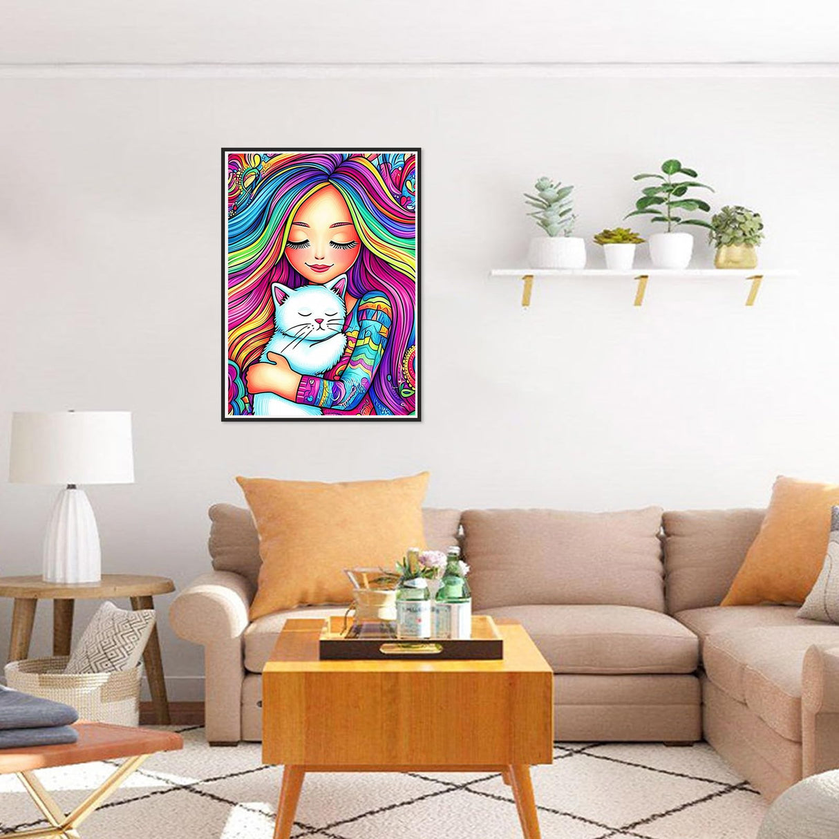 HEIBAGO Rainbow Diamond Art Kits for Adults, 5D Full Drill Round White Cat Painting Gems with Cute Diamond Painting, Diamond Dots Perfect for Home Wall Decor 12x16inch HEIBAGO