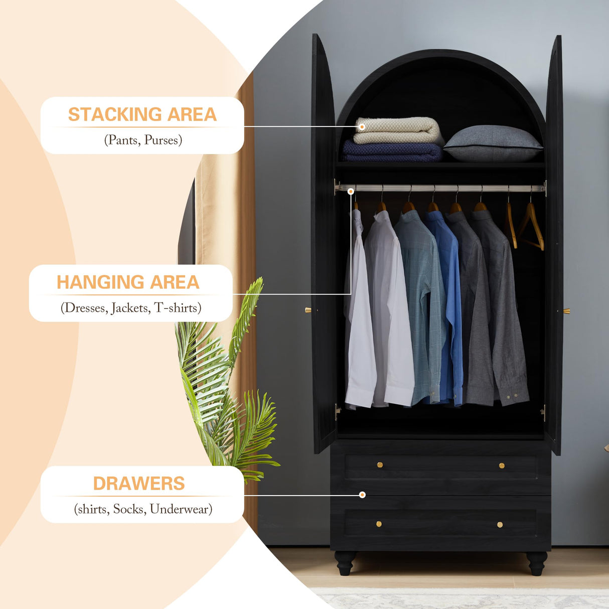 YUCHIATH Arched Armoire Wardrobe Closet with 2 Rattan Doors, Wooden Wardrobe Closet with 2 Drawers, 74.8 "H Bedroom Armoires with Hanging Rod (Black) YUCHIATH