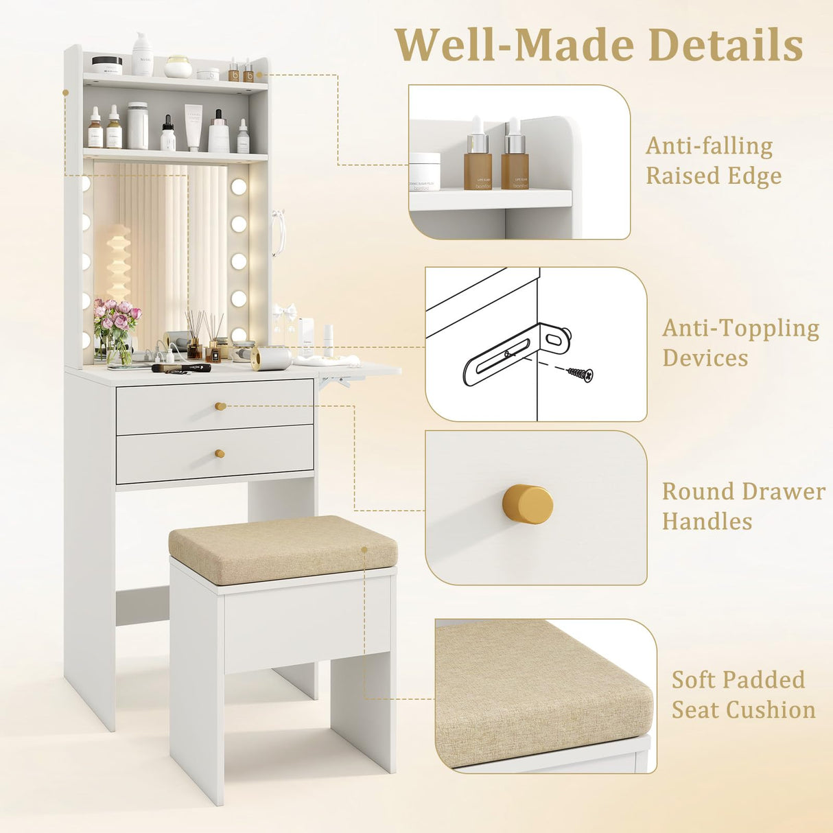 CHARMAID Small Vanity Desk with Mirror and Lights, Makeup Vanity Table with Charging Station, Drawers, Shelves, Foldable Side Table, Compact White Dressing Table with Storage Chair for Small Space CHARMAID