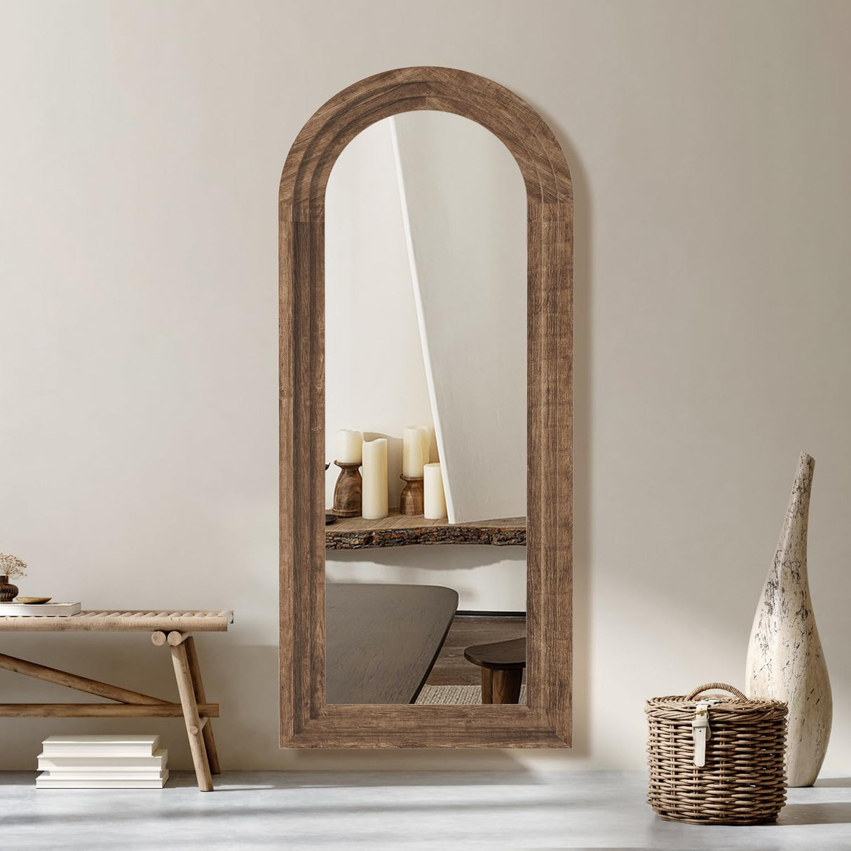 CASSILANDO Full Length Mirror Arched 65"x24" Wood Wall Full Length Distressed Large Floor Mirror for Living Room, Bedroom, Entrance.(Coffee) CASSILANDO