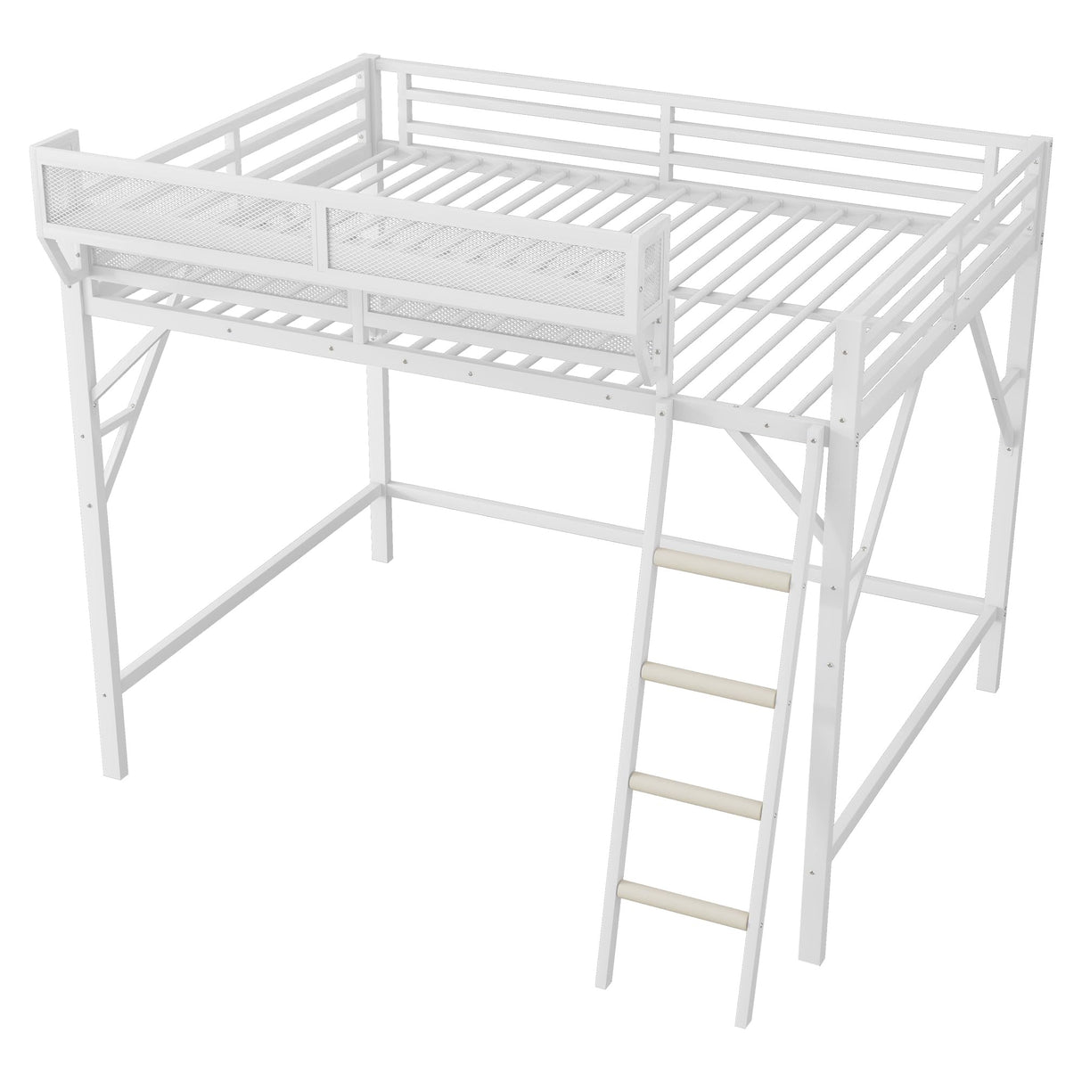 TEVUTEVU Queen Size Metal Loft Bed with Storage Shelves and Ladder, High Sleeper Bed with 400LBS Capacity for Kids Teens, White (White + Metal, Queen) TEVUTEVU