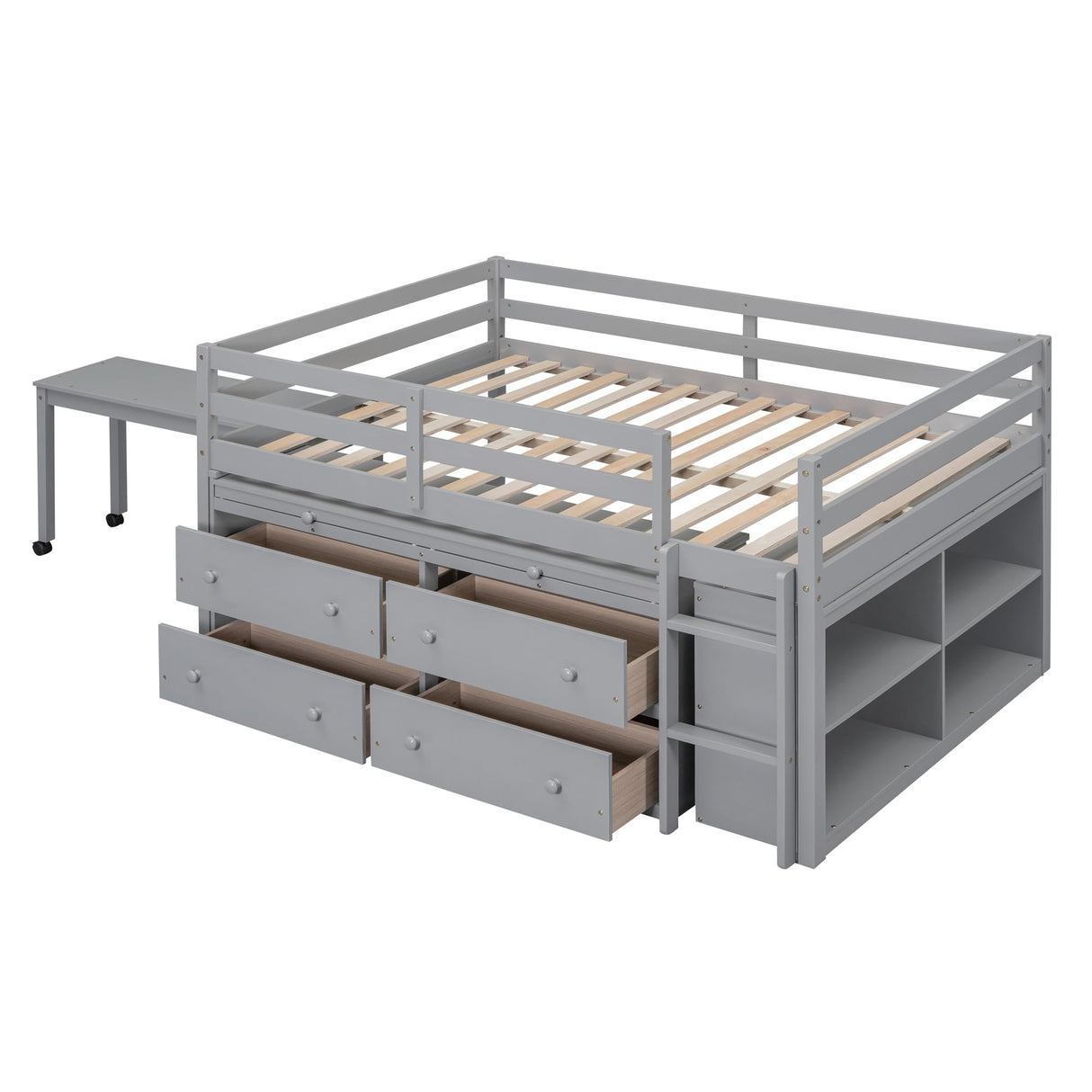 Kids Full Low Loft Bed with Storage, Full Size Loft Bed with Portable Desk and 4 Drawers, Wood Full Loft Bed with Shelves, Modern Farmhouse Junior Loft Bed for Kids Boys Girls, Gray Harper & Bright Designs