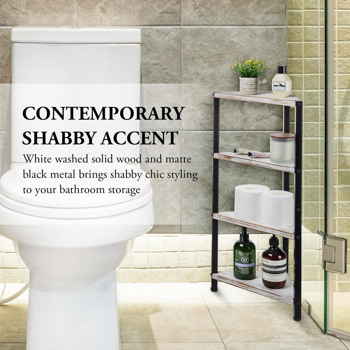 MyGift 4 Tier Shabby White Washed Solid Wood and Matte Black Metal Bathroom Corner Standing Shelf, Decorative Bath Storage Shelving Stand MyGift