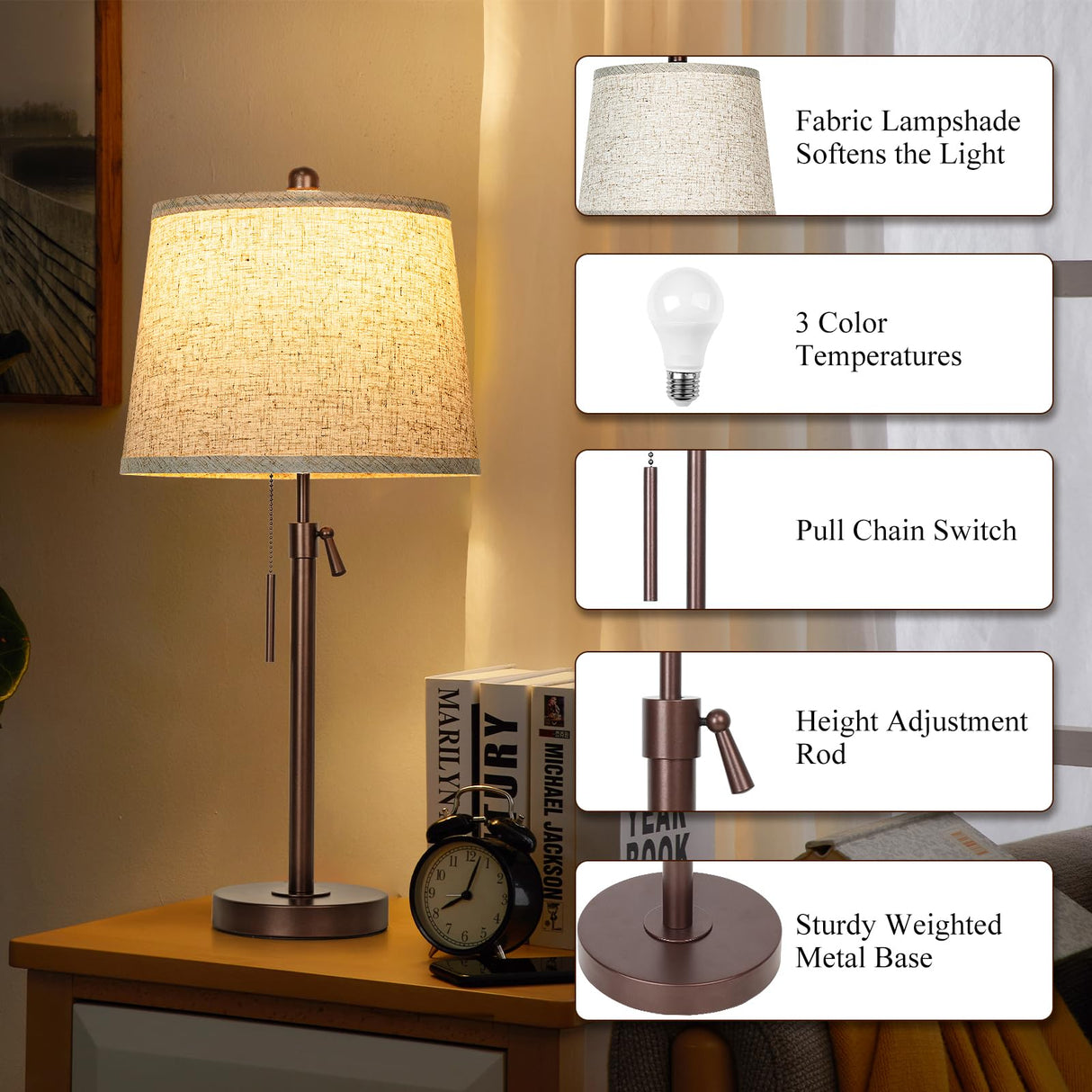 Table Lamps Set of 2, 22" to 30"Adjustable Height Bedside Lamps for Living Room 3 Color Temperatures Tall Nightstand Lamps Modern Brown Table Lamp for Bedroom Office End Table (Bulbs Included) JUNNAI