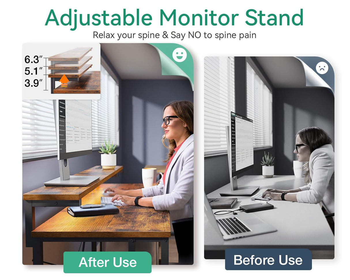 AODK Gaming Desk with LED Lights & Power Outlet, 40 Inch Small Computer Desk with Drawer, Reversible Desk with Adjustable Monitor Shelf & Headphone Hook for Home Office, Rustic Brown AODK