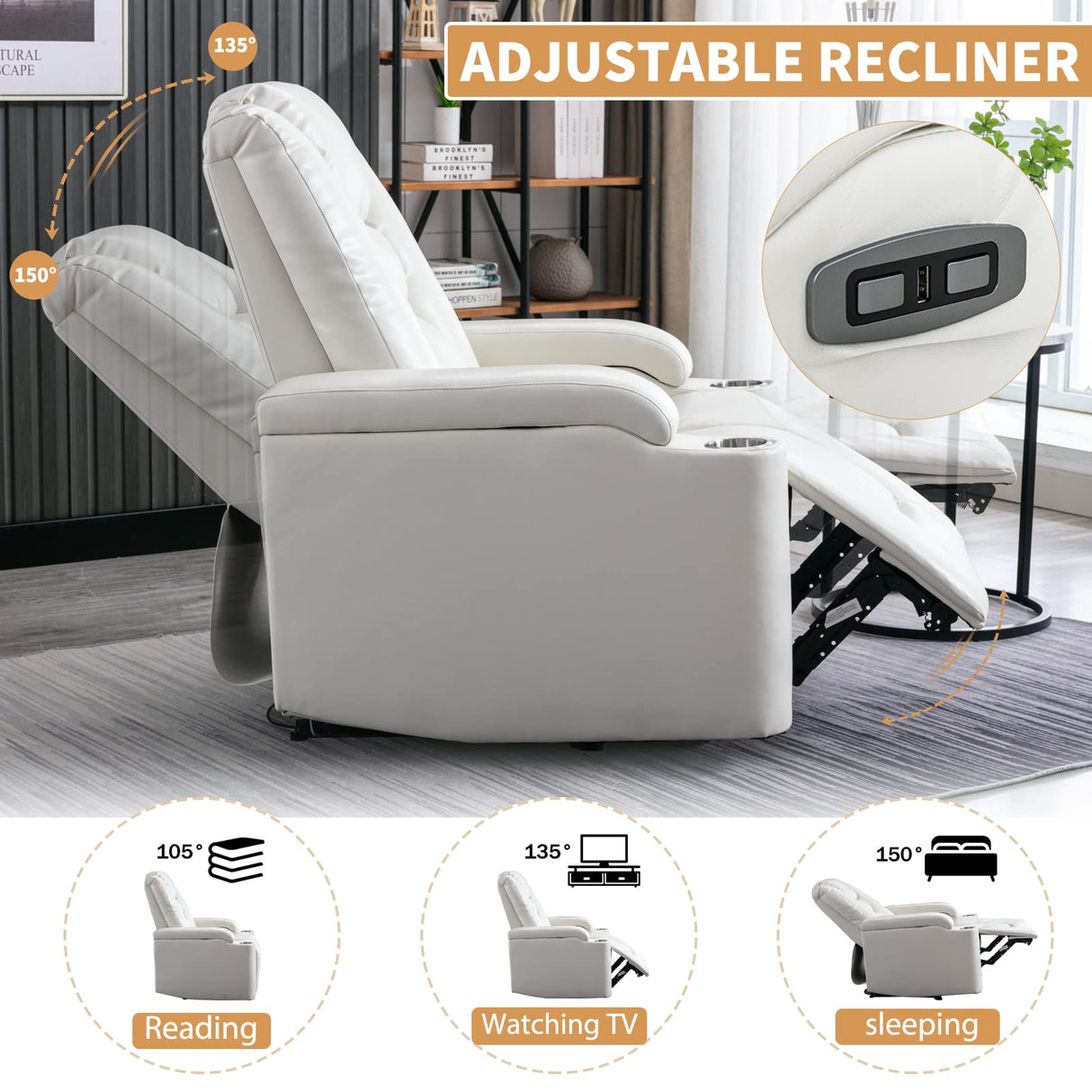 ANJ White Power Recliner Chair Electric Home Theater Seating Soft Leather Movie Chair for Living Room Overstuffed Single Reclining Sofa with Hidden Arm Storage, Cup Holders and USB Ports (Cream White) ANJ