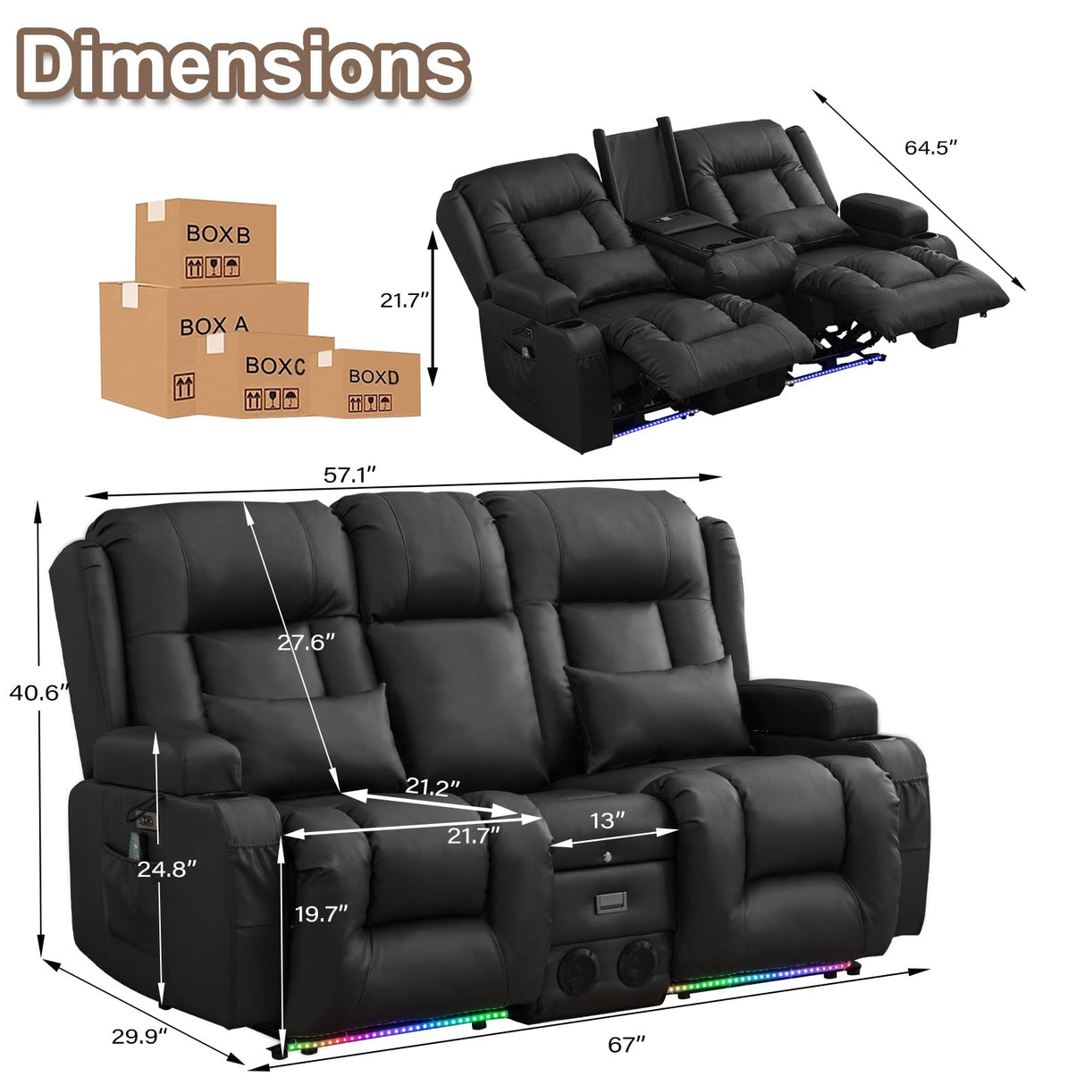 TUNYI Power Recliner Chair with Massage & Heat, Faux Leather Recliner Sofa Chair with LED Light, Home Recliner Theater Seating with USB Port/Lumbar Pillow/Cup Holder/Side Pocket (Black, Loveseat) TUNYI
