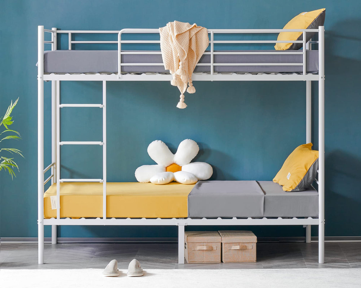 VINGLI Bunk Bed Twin Over Twin Bunk Bed for Kids/Adults with Stairs Flat Rungs, Metal Double Decks Bed, White VINGLI